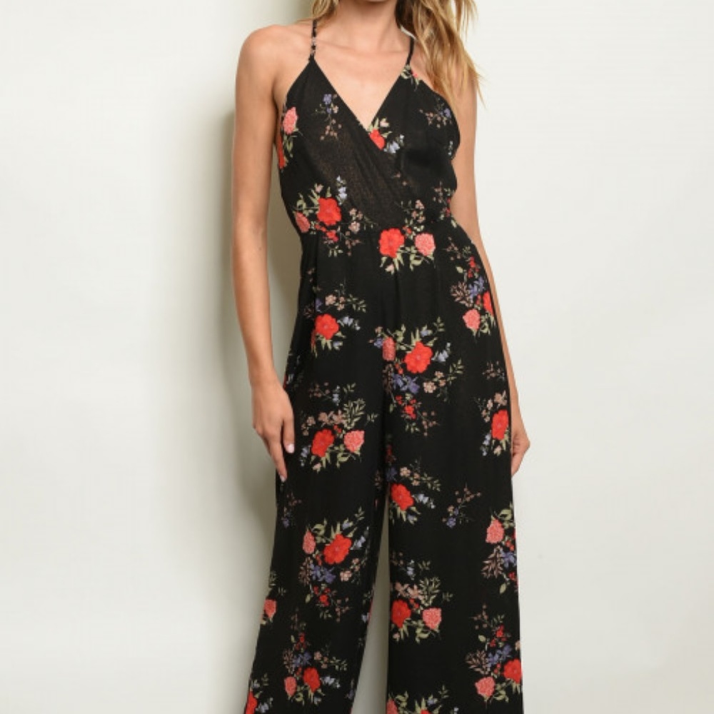 Black & Gold Floral Wide Leg Romper Jumpsuit L - Picture 1 of 3
